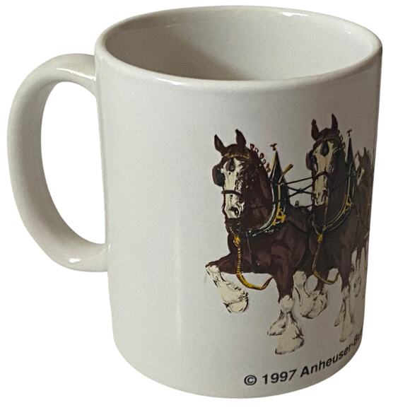 Vintage 1997 Budweiser Anheuser-Bush Clydesdale Horse Wagon Coffee Mug White - Picture 2 of 11